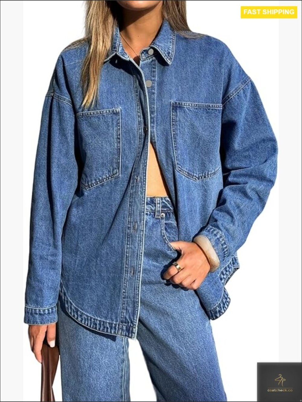 Oversized Denim Jacket Long Sleeve Button Down Blouse Distressed Casual Chic Y2K